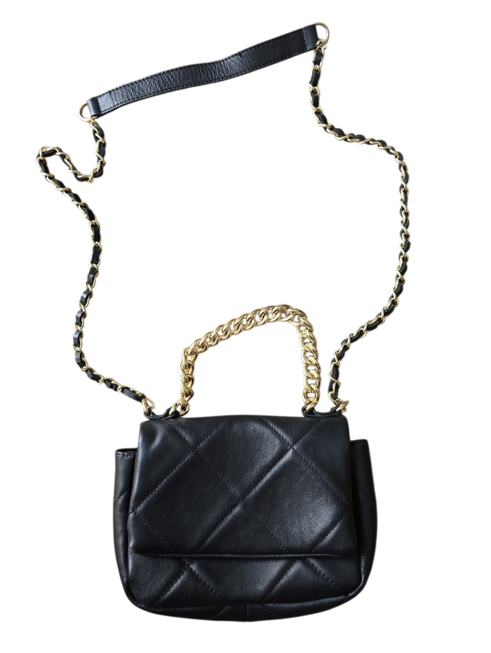 ANNA PAOLA Padded Quilt Black Leather Crossbody Purse With Gold Chain Small